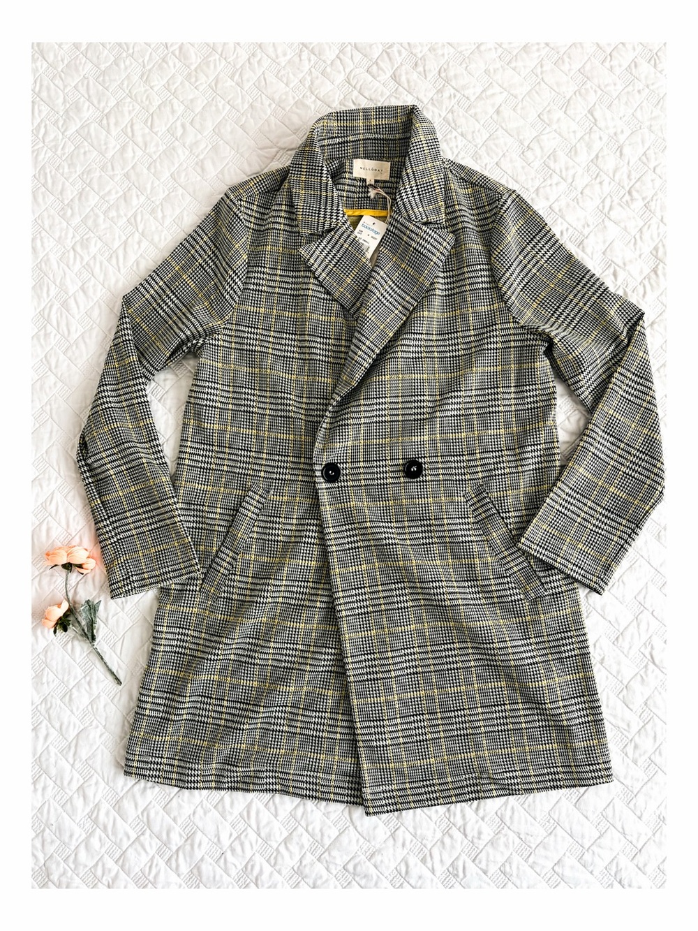 Melloday Plaid Double Breasted Trench Coat Black Yellow NWT Size S